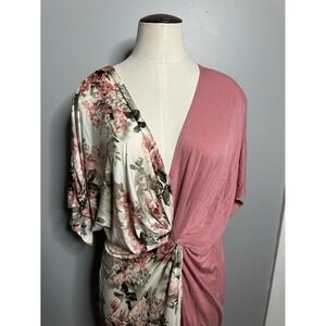 Beeson River Floral Mauve Pink Twist Front Midi Dress Short Sleeve VNeck Slit XL